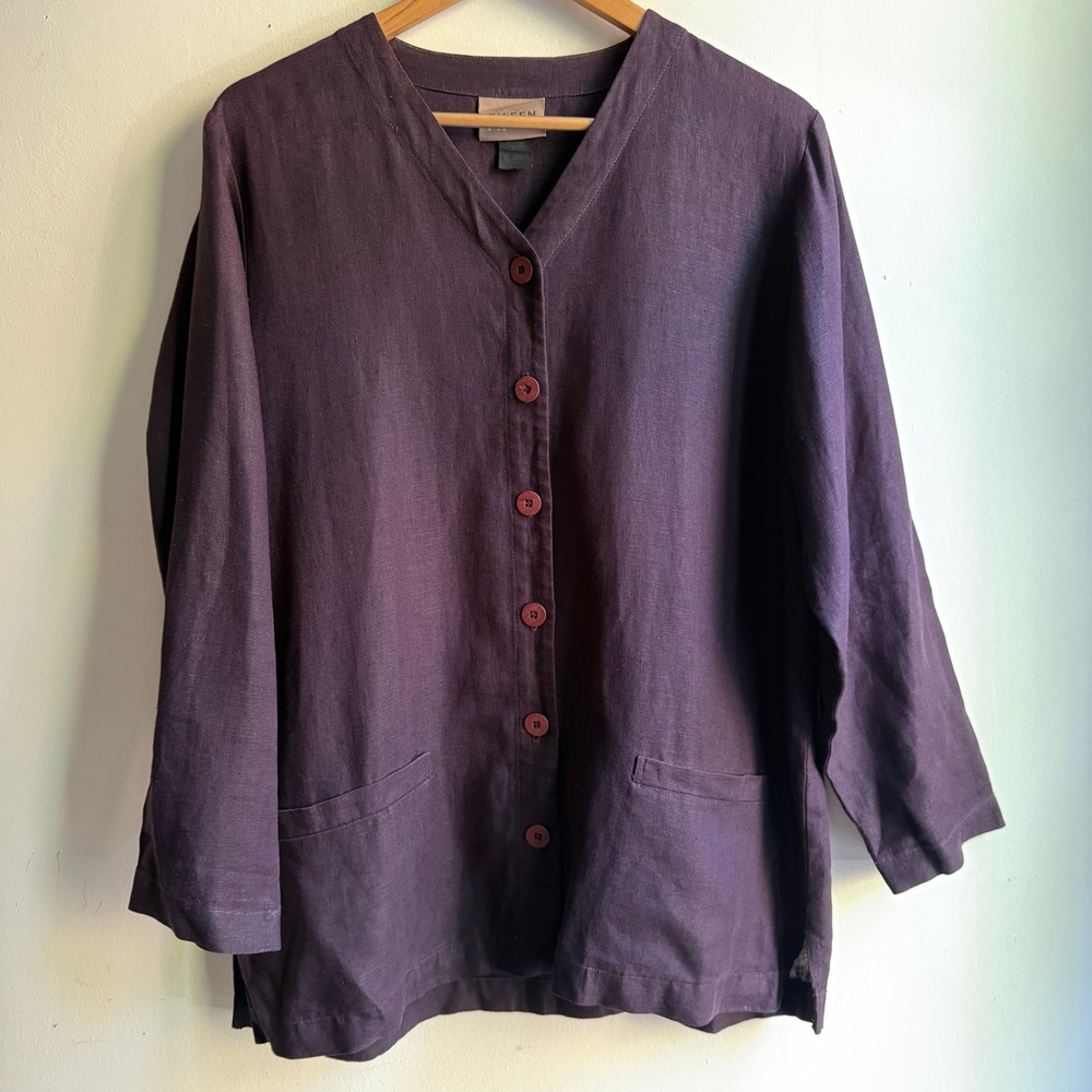 Eileen Fisher Linen Button Front V-Neck Tunic Top Brown Purple Size Medium